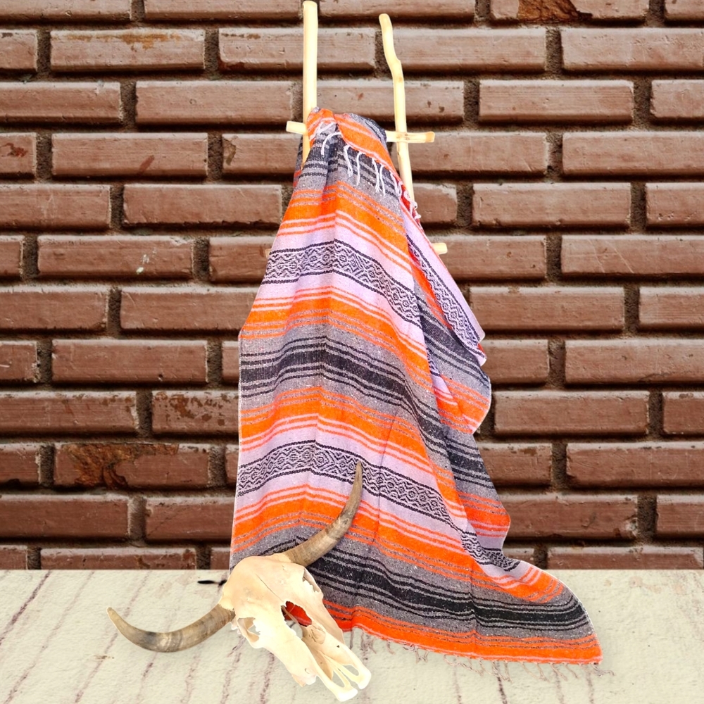 FRANKS Orange Lavender and Grey Classic Fringed Mexican Falsa Blanket
